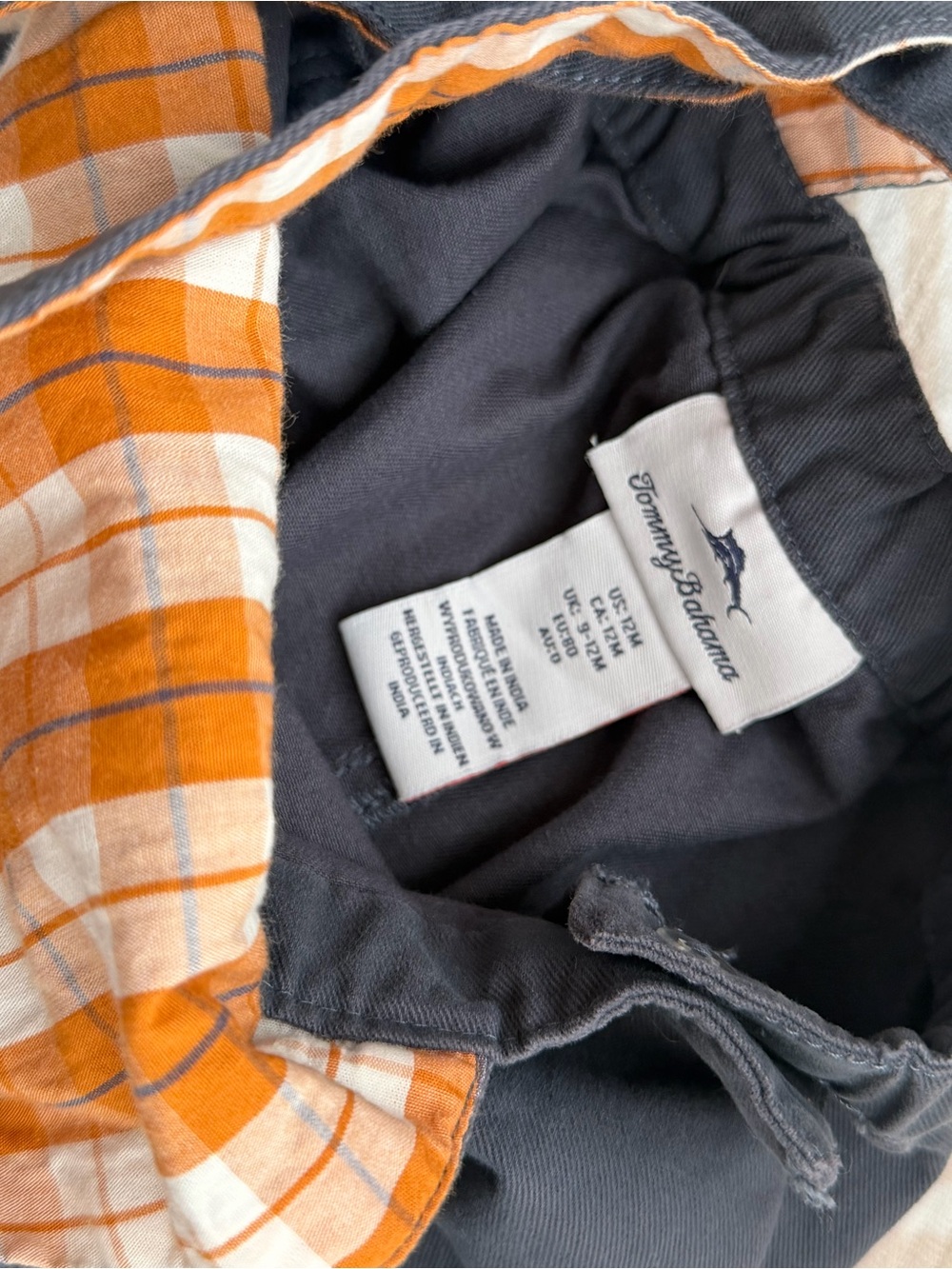 Tommy Bahama Navy Overalls with Orange Plaid Accents - Picture 3 of 3